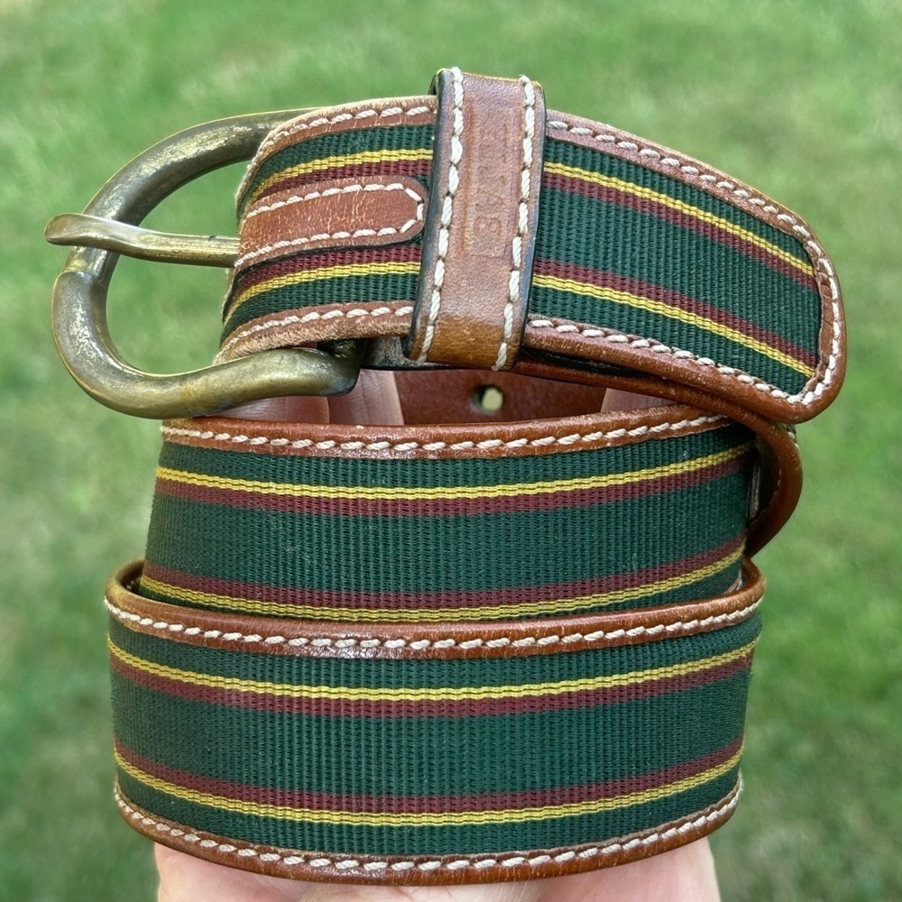 Bally Green & Red Canvas & Leather Belt Size 32 (xs-s) Made in Italy
